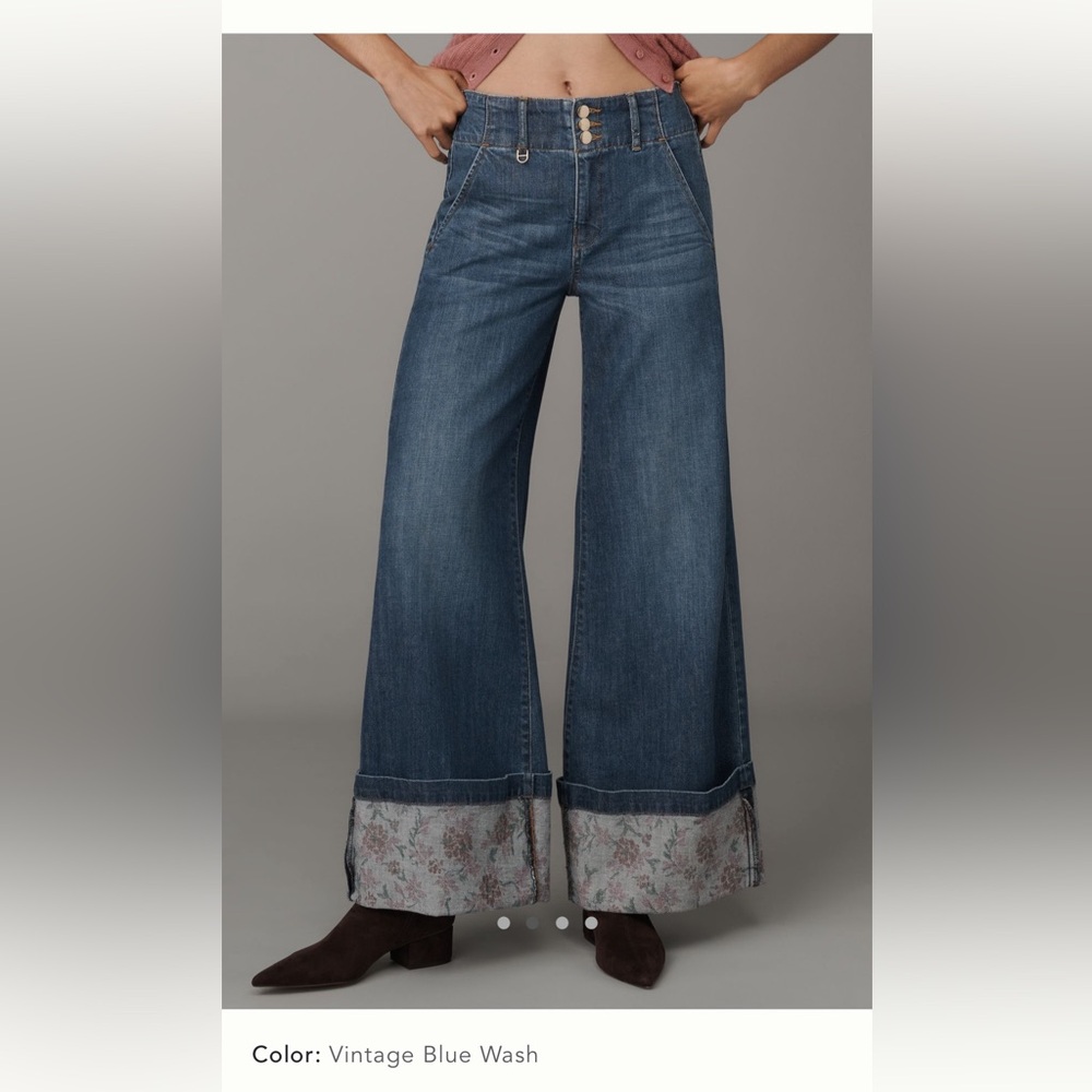 Anthropologie Vintage Blue Wash Wide-Leg Jeans with Printed Cuff